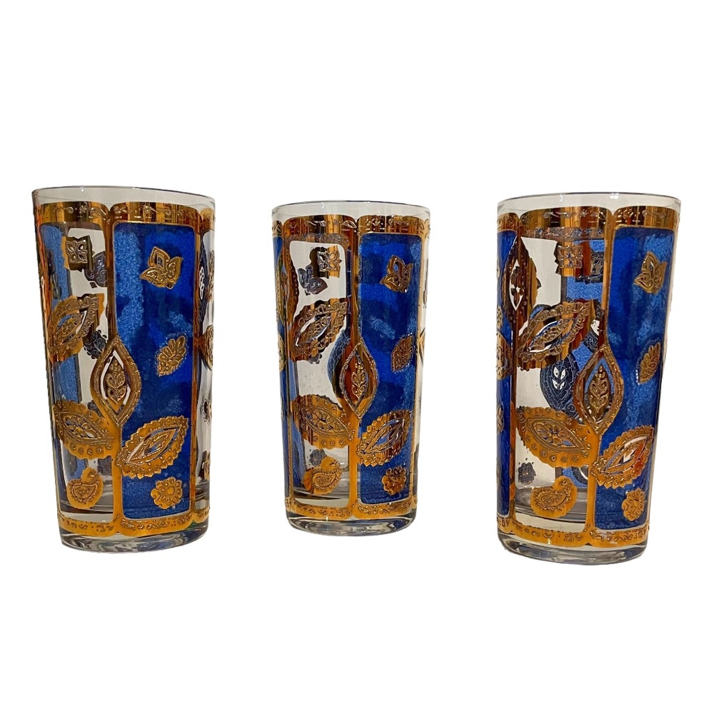 Culver LTD Antiqua Highball Glasses Blue 22K Gold Filigree Set of 3 Vintage‎ MCM